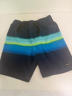 Hurley Boy Navy Swim Board Shorts with Blue and Lime Stripe